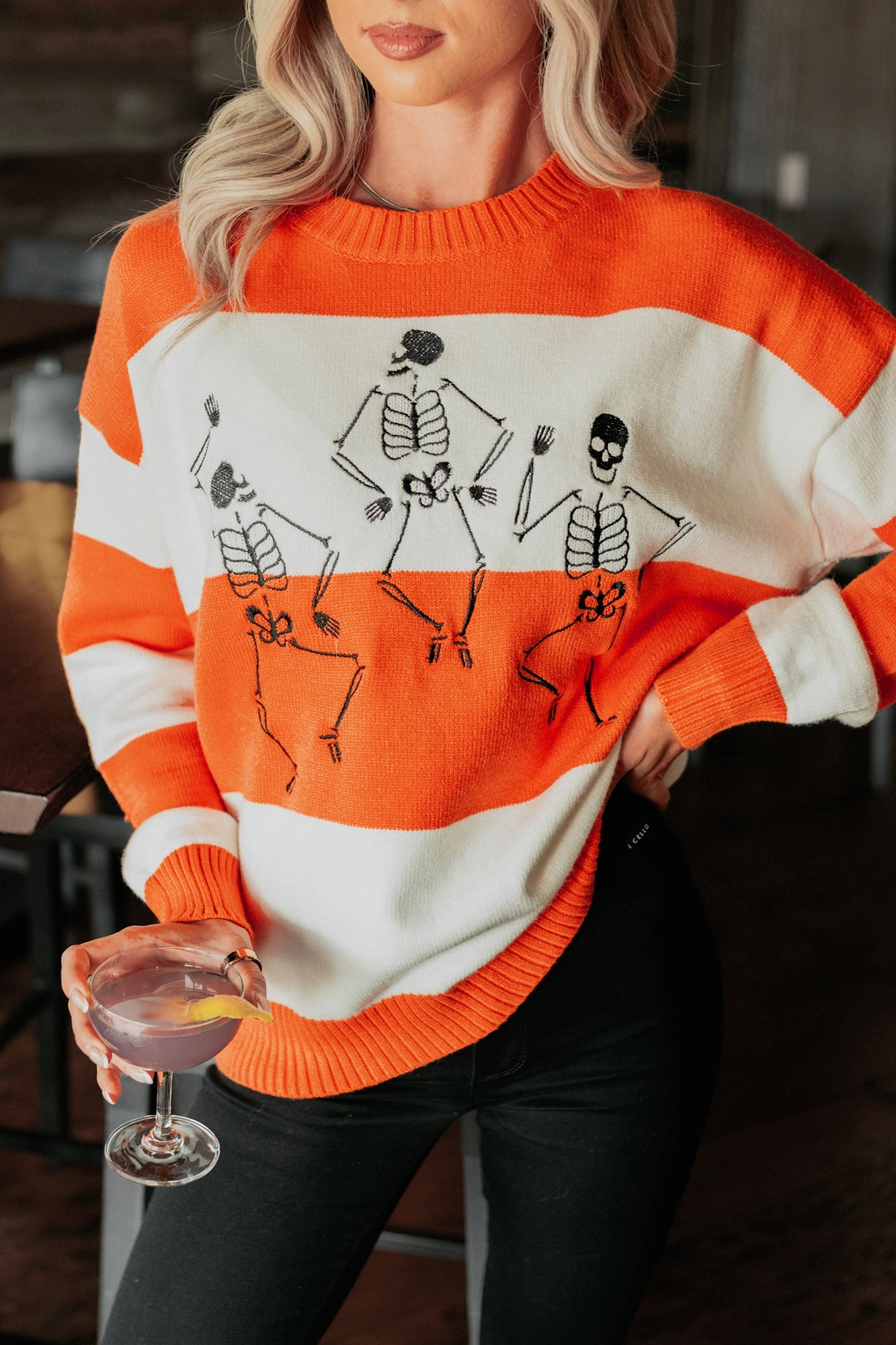 SweatWicking Fabric Abrasion Resistant Surface Haunted Haze Striped Knit Skeletons Sweater (Orange)