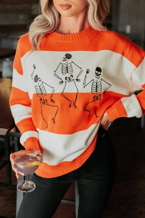 Double Stitched Seams BlendMaterials Haunted Haze Striped Knit Skeletons Sweater (Orange)