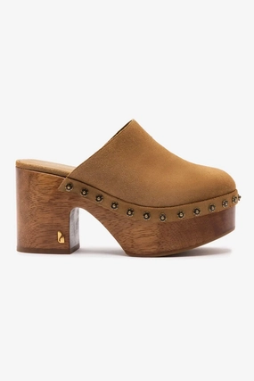 Weekend Casual All Weather Urban Walkers Miso Wooden Platform Clog In Peanut Suede