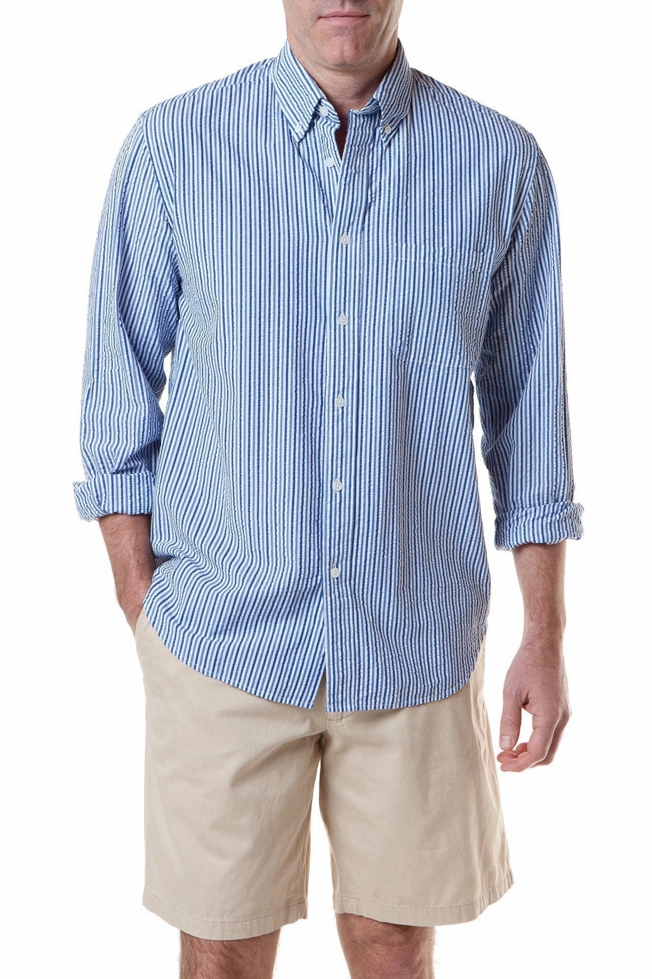 Chase Shirt Royal & Navy Seersucker Lightweight Layering Option Tear Resistant Reinforcement