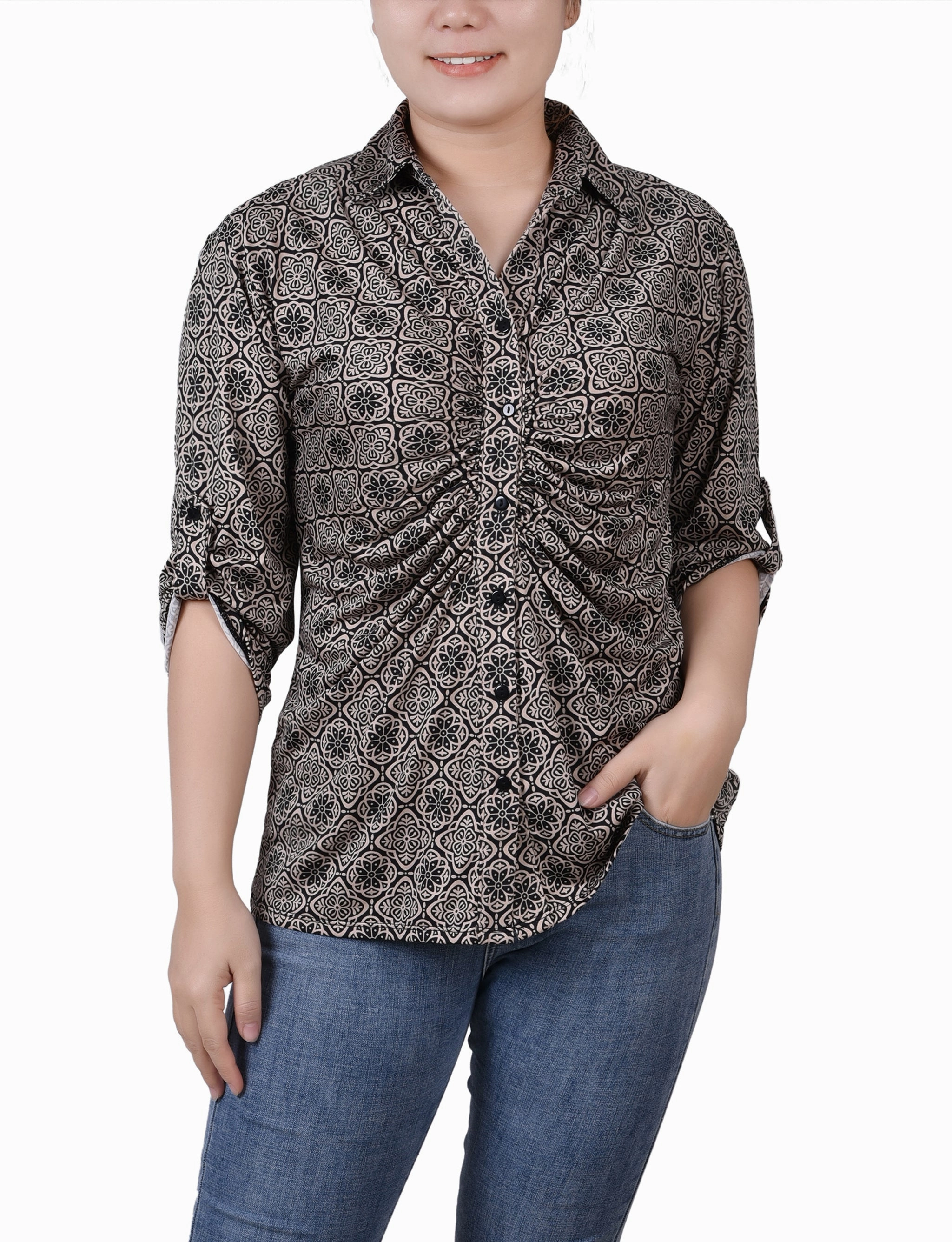 Petite 3/4 Roll Tab Rouched-Front Top ThermalInsulation Relaxed Tee