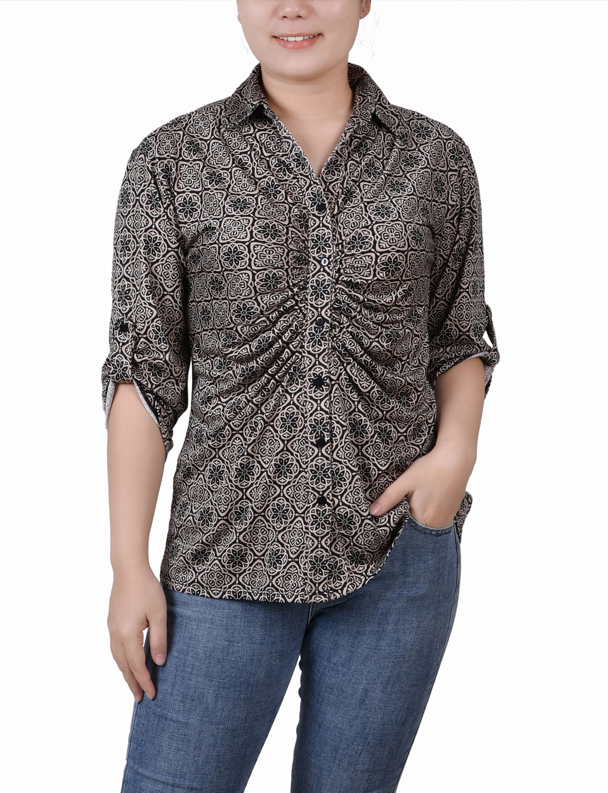 PaddedInsulation Petite 3/4 Roll Tab Rouched-Front Top