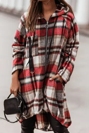 ELASTIC HEM ZIP UP PLAID PATTERN LONG JACKET LayeredNeckline