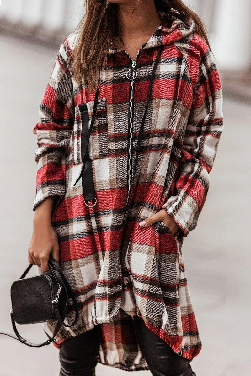 ELASTIC HEM ZIP UP PLAID PATTERN LONG JACKET LayeredNeckline