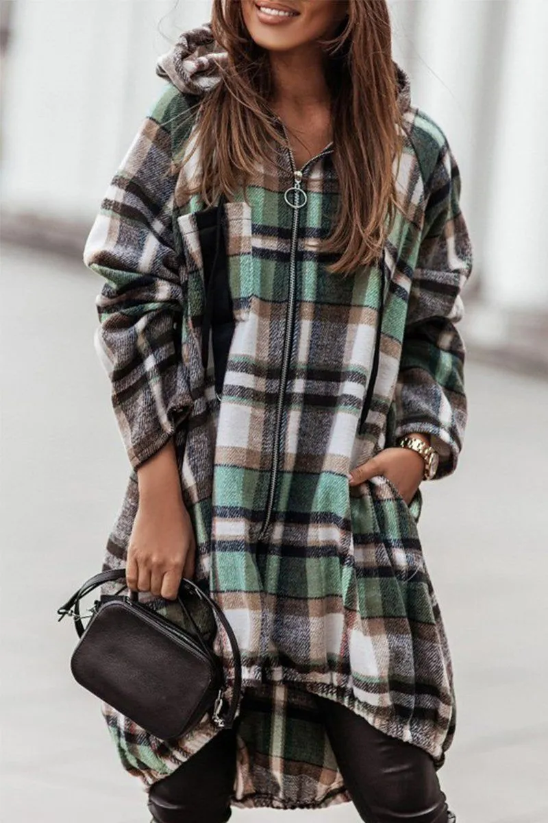 Layered Look HeatPressedLogos ELASTIC HEM ZIP UP PLAID PATTERN LONG JACKET