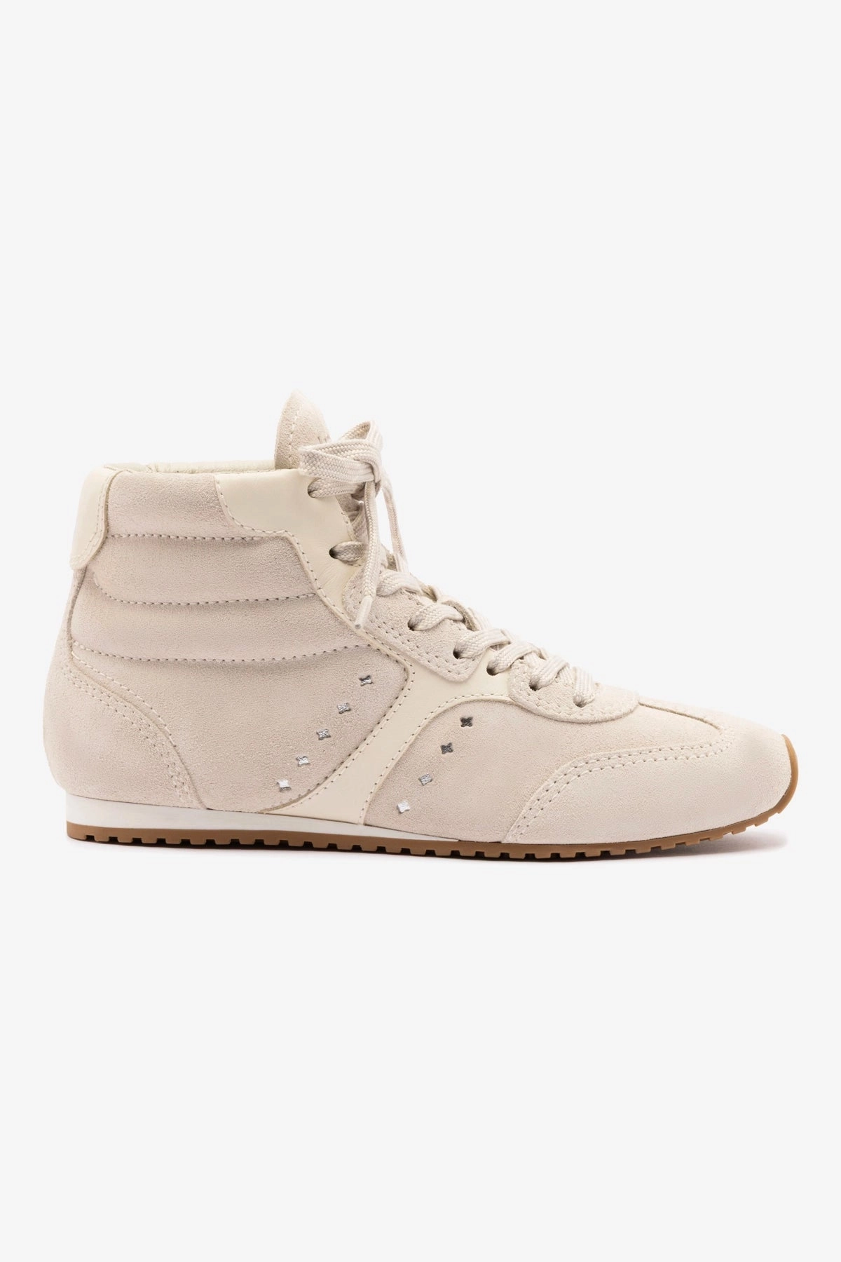 Stella Mid Sneaker In Mushroom Grey Suede and Ivory Leather Kind Glow