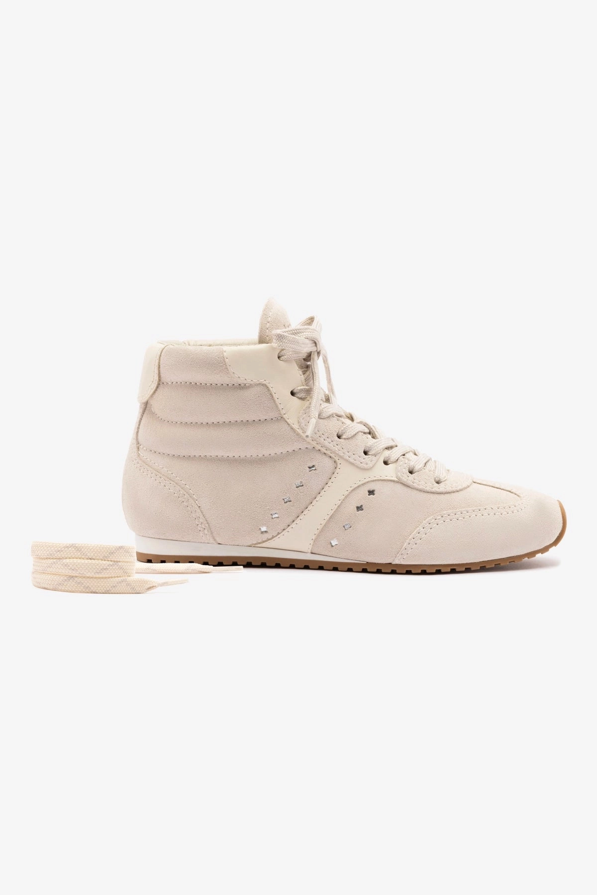 Stella Mid Sneaker In Mushroom Grey Suede and Ivory Leather Adjustable Straps