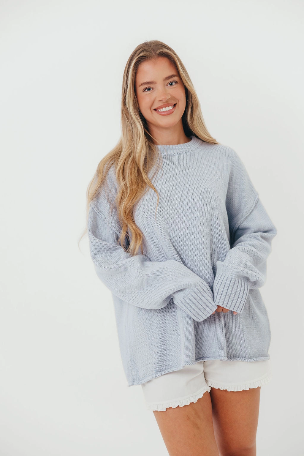 Luna Relaxed Boyfriend Fit Crew Neck Sweater in Misty Blue Butter Soft Handfeel Stretch Woven Material