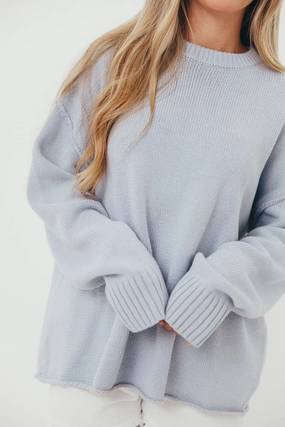 Luna Relaxed Boyfriend Fit Crew Neck Sweater in Misty Blue Layered Hem Detailing Lightweight insulation