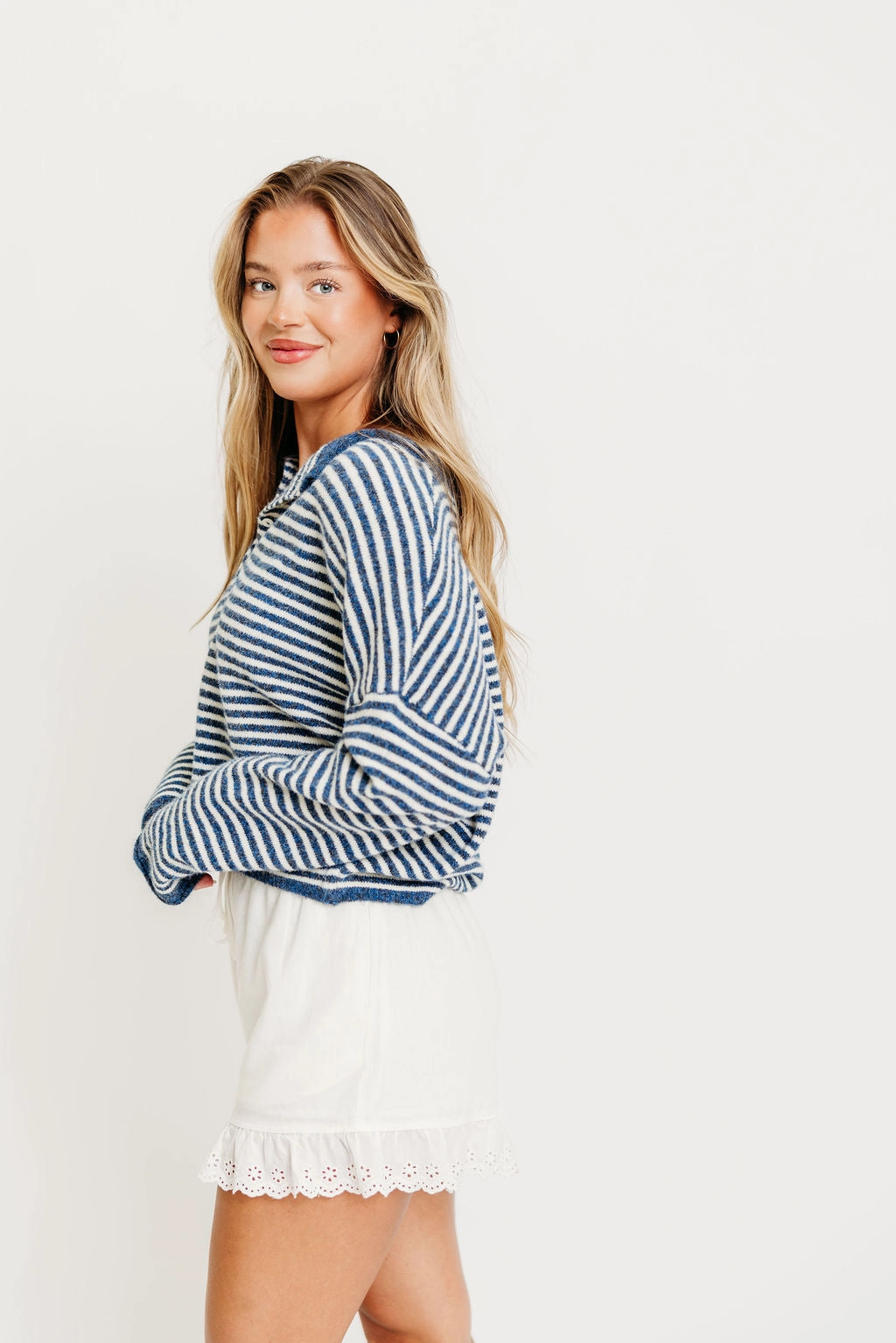 Piper Mini Stripes Cardigan in Denim Adjustable Cuff