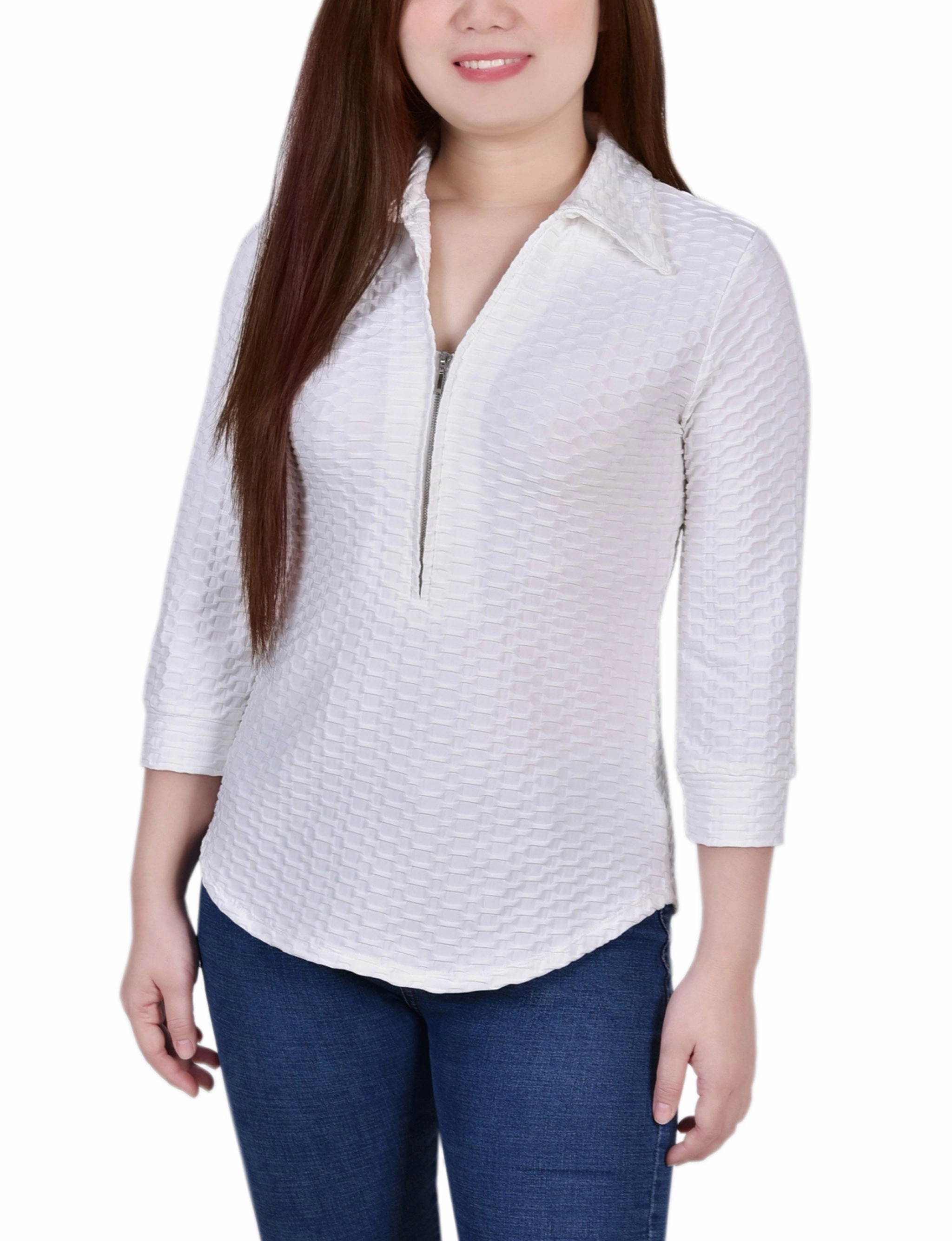 TactileWeave Petite 3/4 Sleeve Honeycomb Half Zip Top