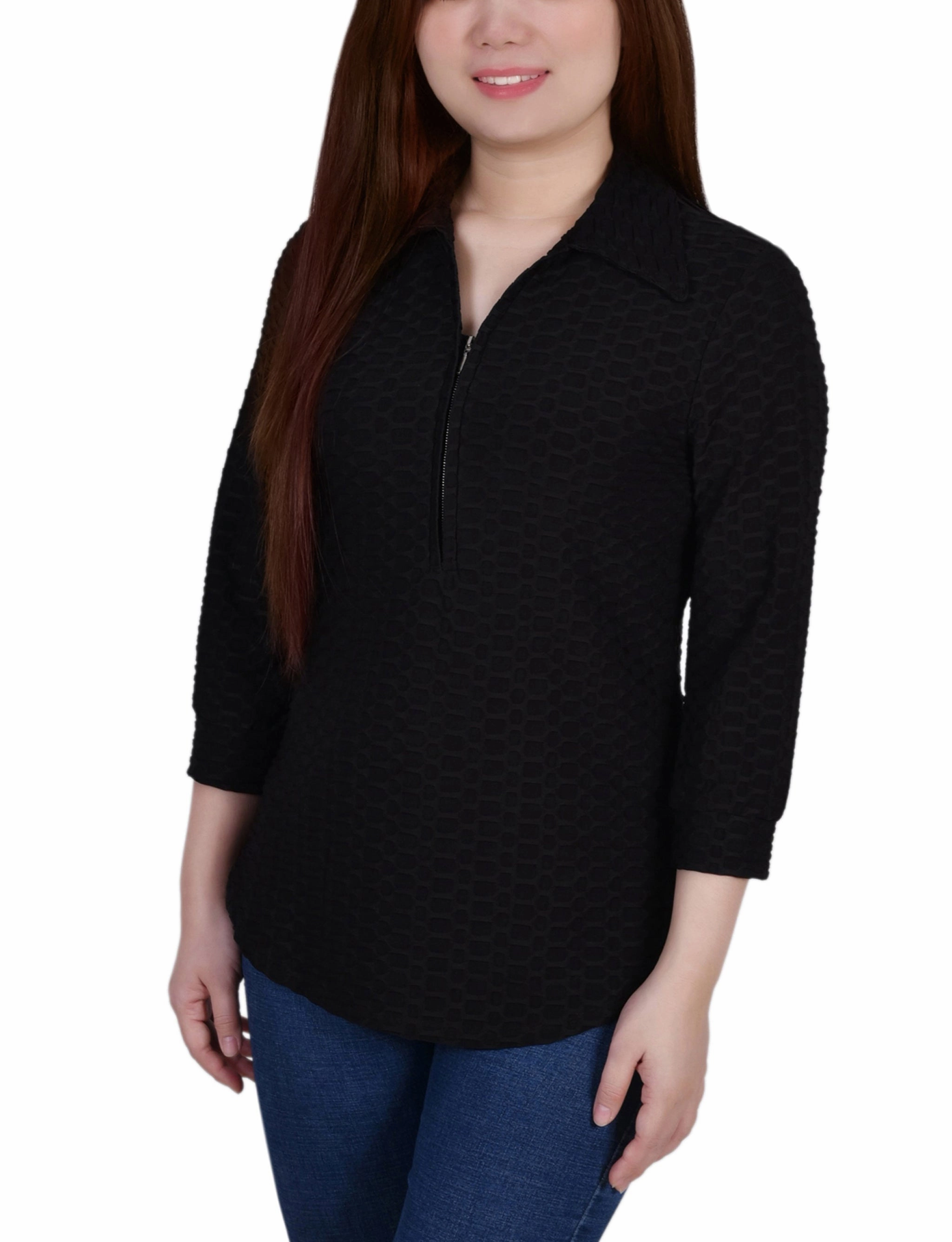 Athletic Wear Petite 3/4 Sleeve Honeycomb Half Zip Top