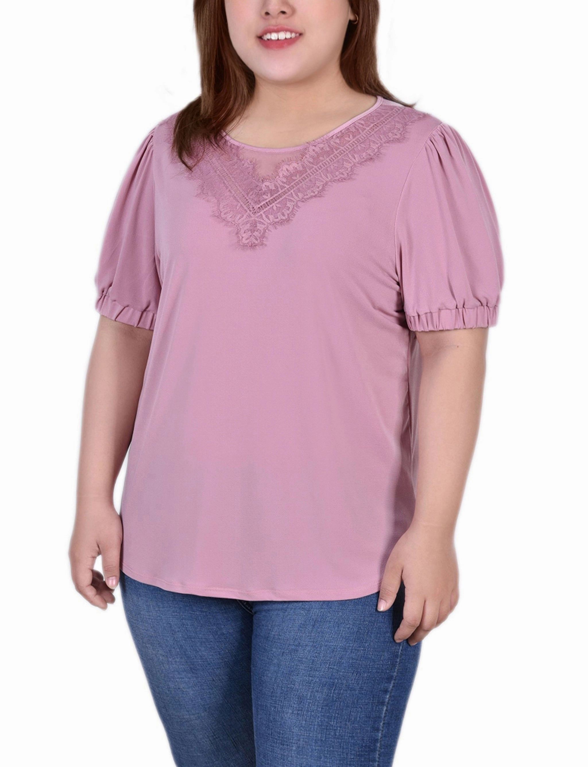 Soft Brushed Finish Fashionable Tank Plus Size Short Puff Sleeve Top With Lace