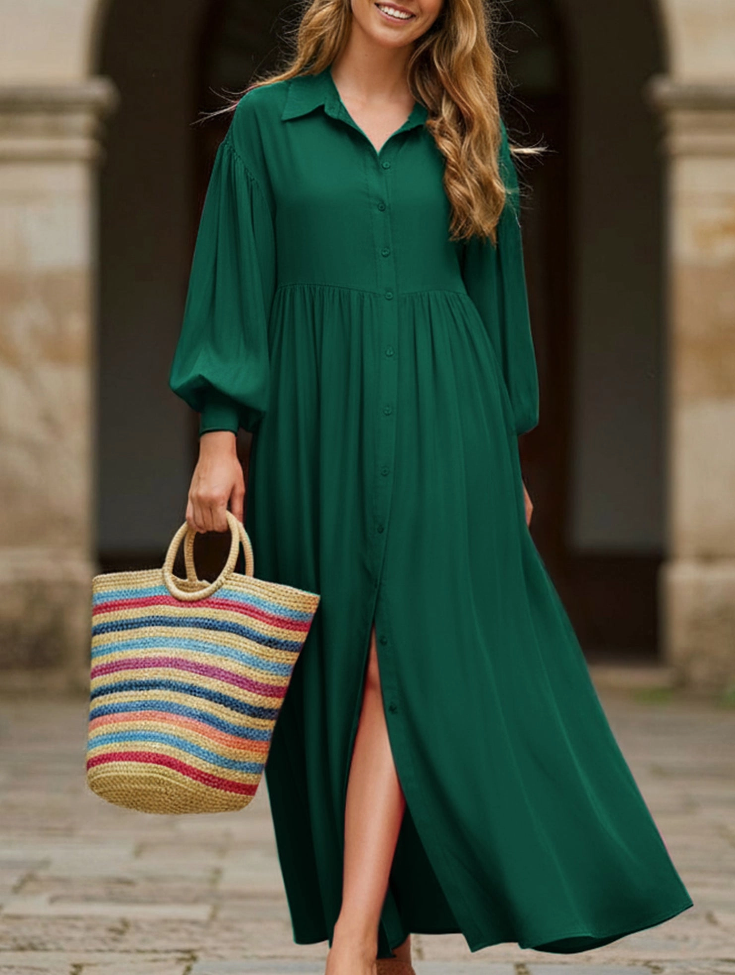 Button-Down Lapel Pleated Long-Sleeve Maxi Dress Simple Flow