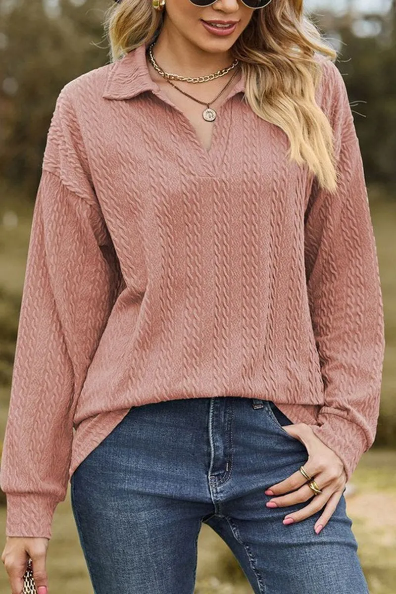 Unlined Design WOMEN TWIST CABLE STITCHED V NECK COLLAR T SHIRT