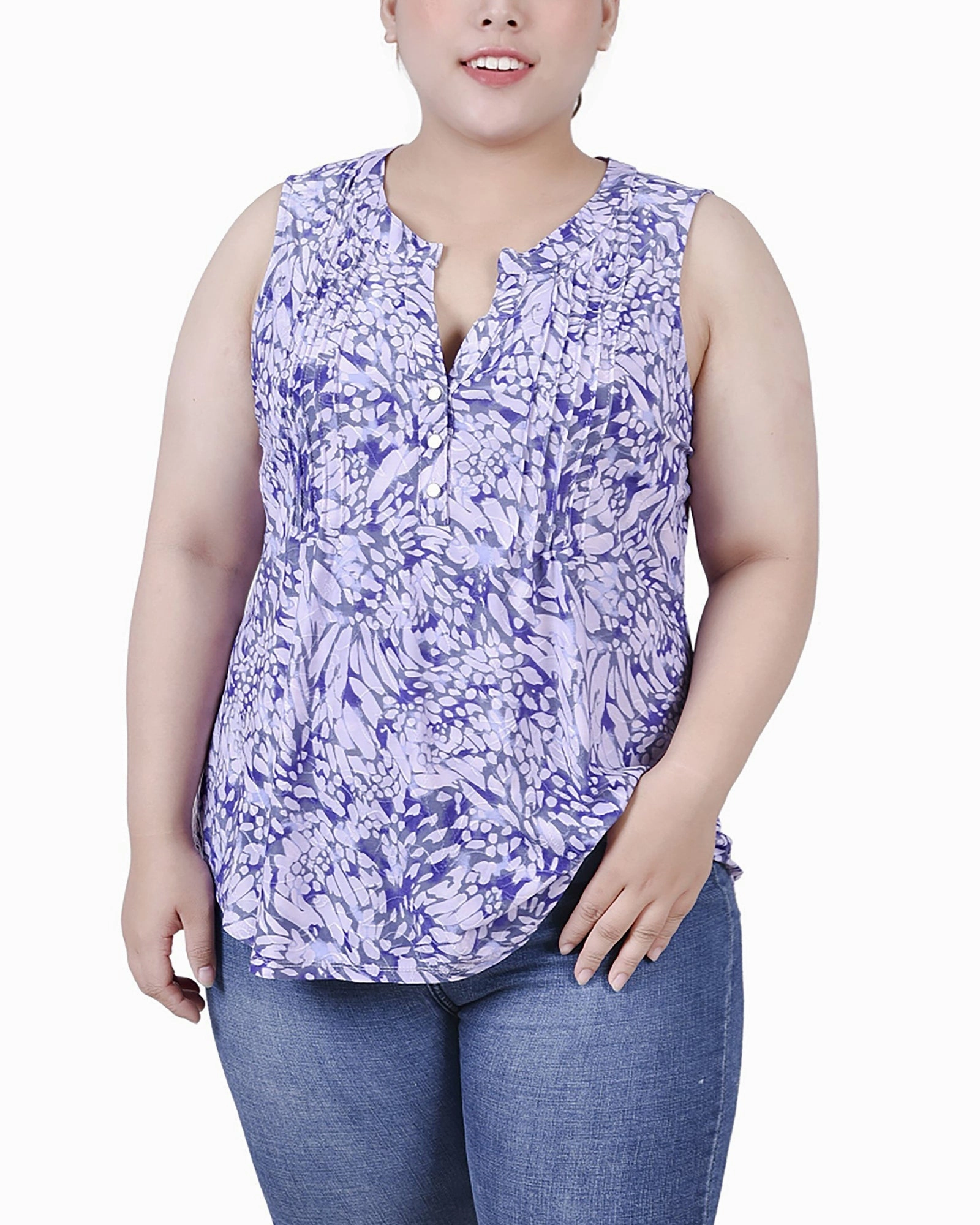 Plus Size Sleeveless Jacquard Y Neck Top Reinforced Stitching BreathableMeshPanel
