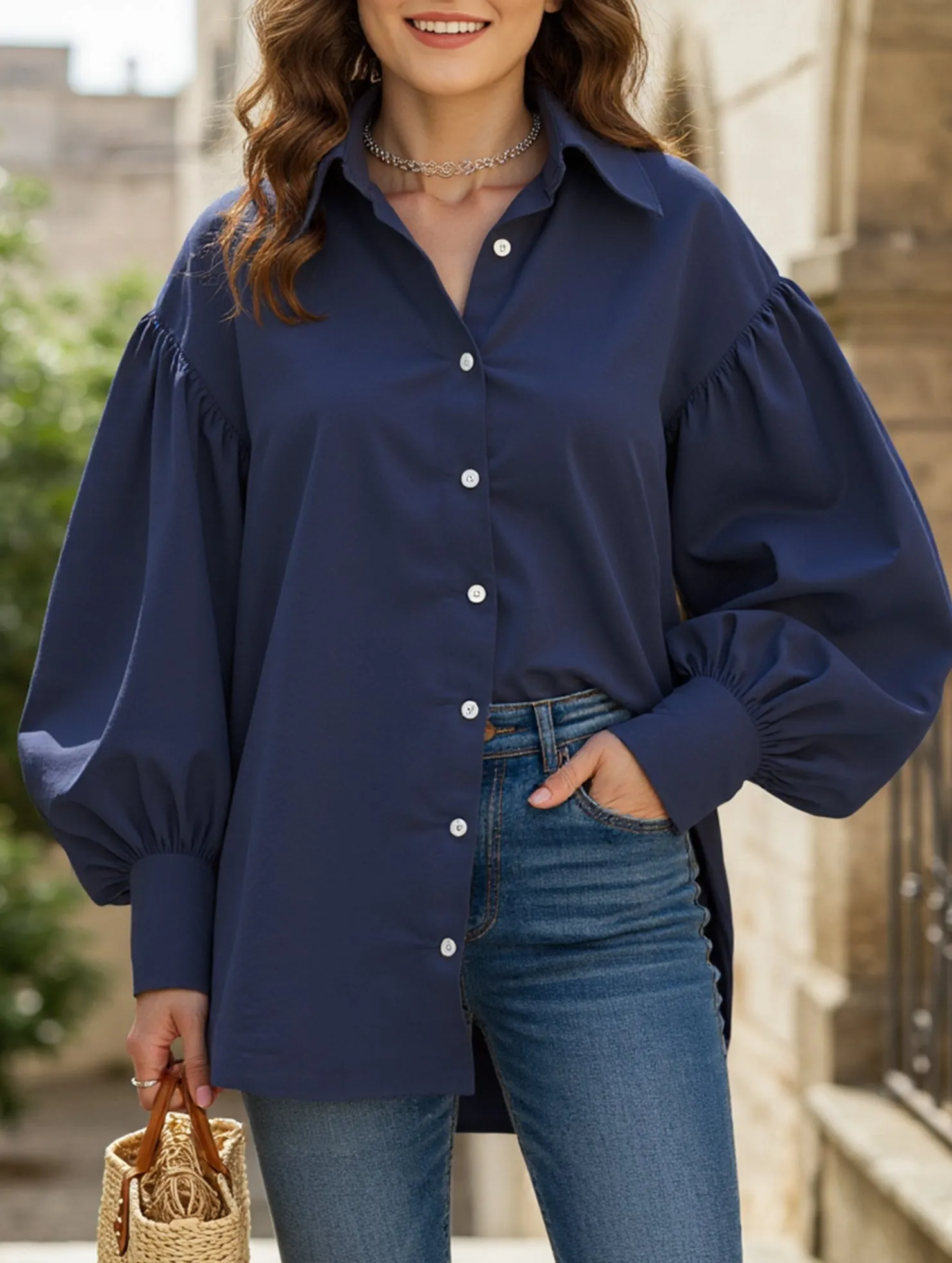 Retro solid color lapel casual shirt TearResistantWeave