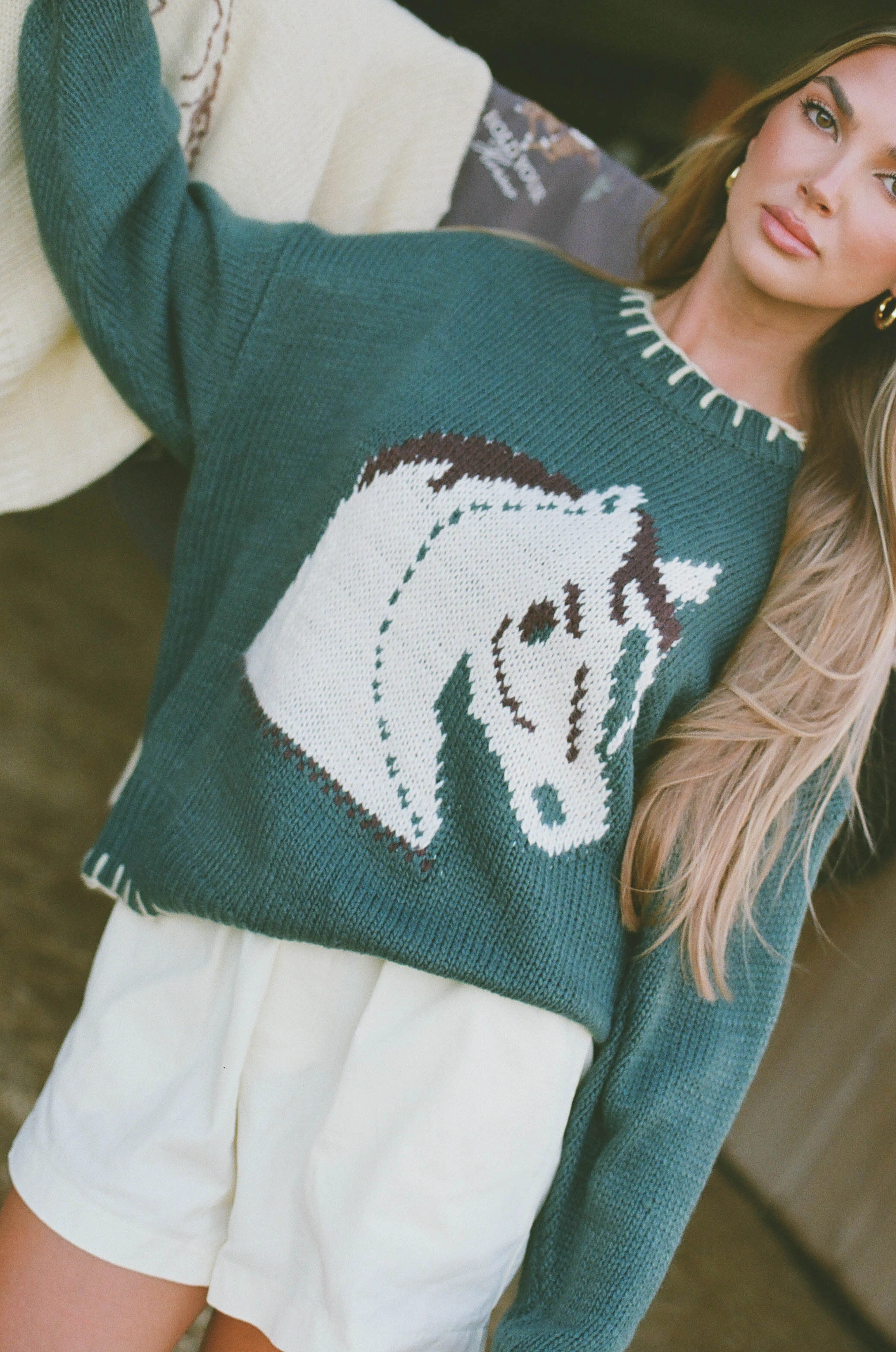 Microfiber Material Clyde Horse Sweater in Green