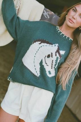 Microfiber Material Clyde Horse Sweater in Green