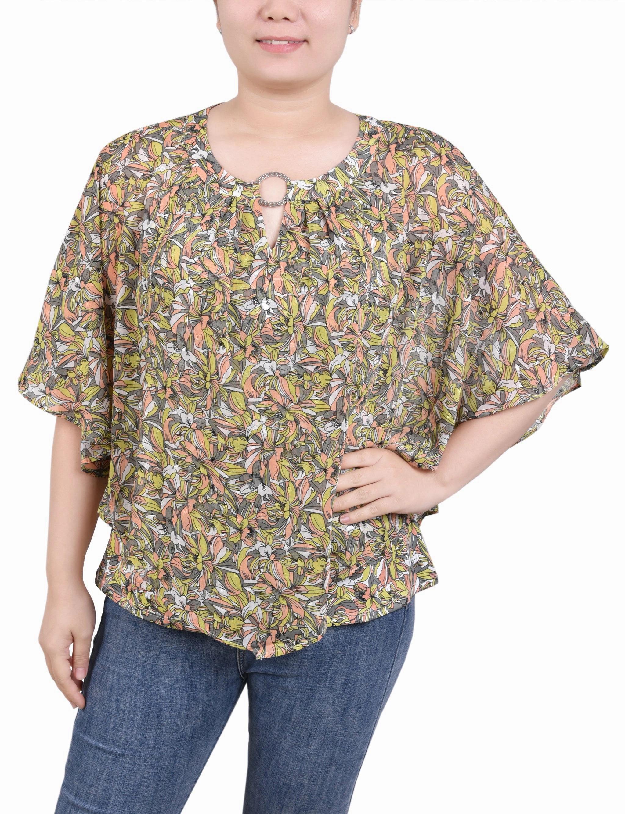 FlatlockSeamTechnique Chiffon Poncho Top With Ring