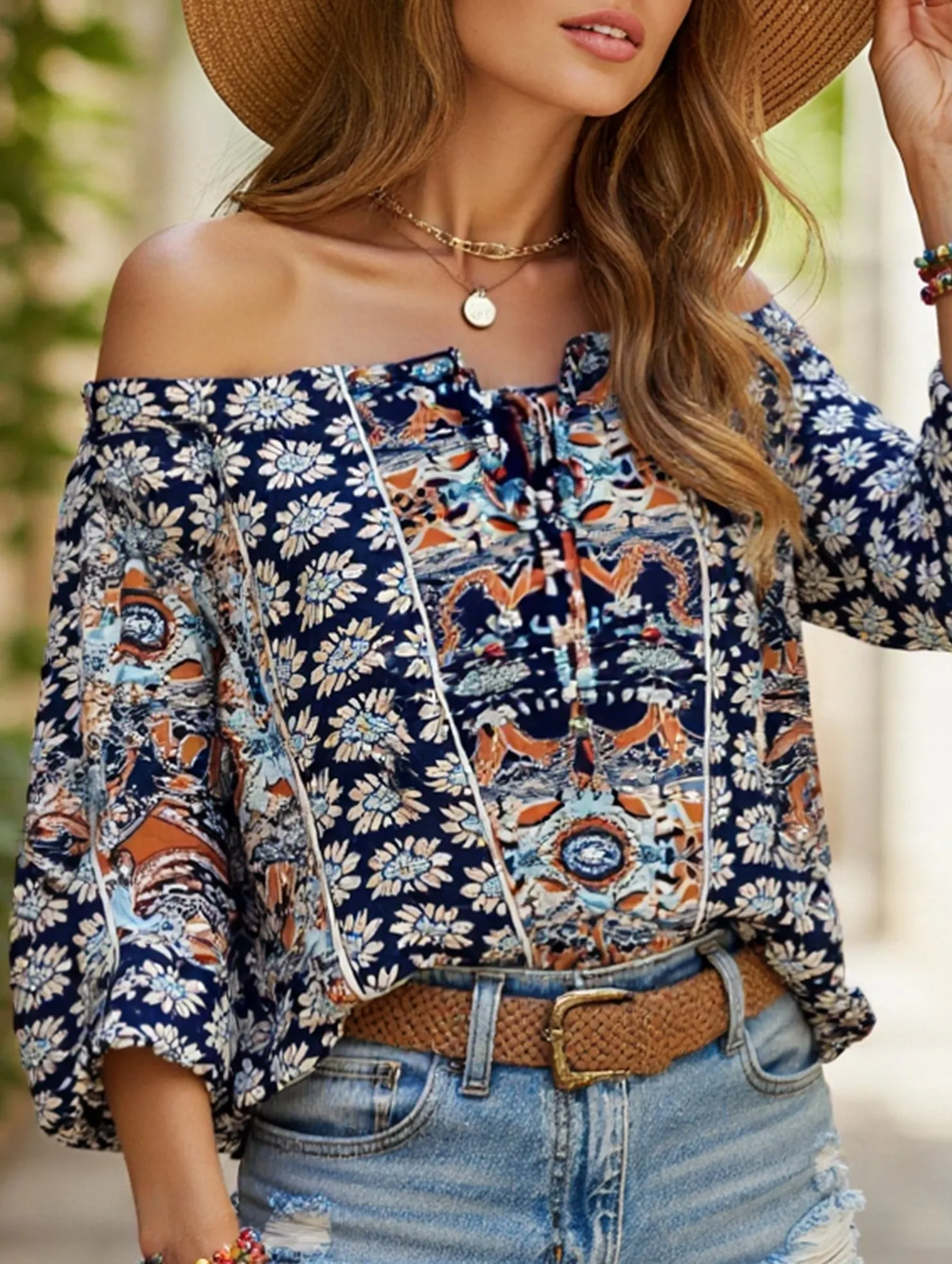 VersatileLayering Floral Off-Shoulder Ruffle Knot Shirt