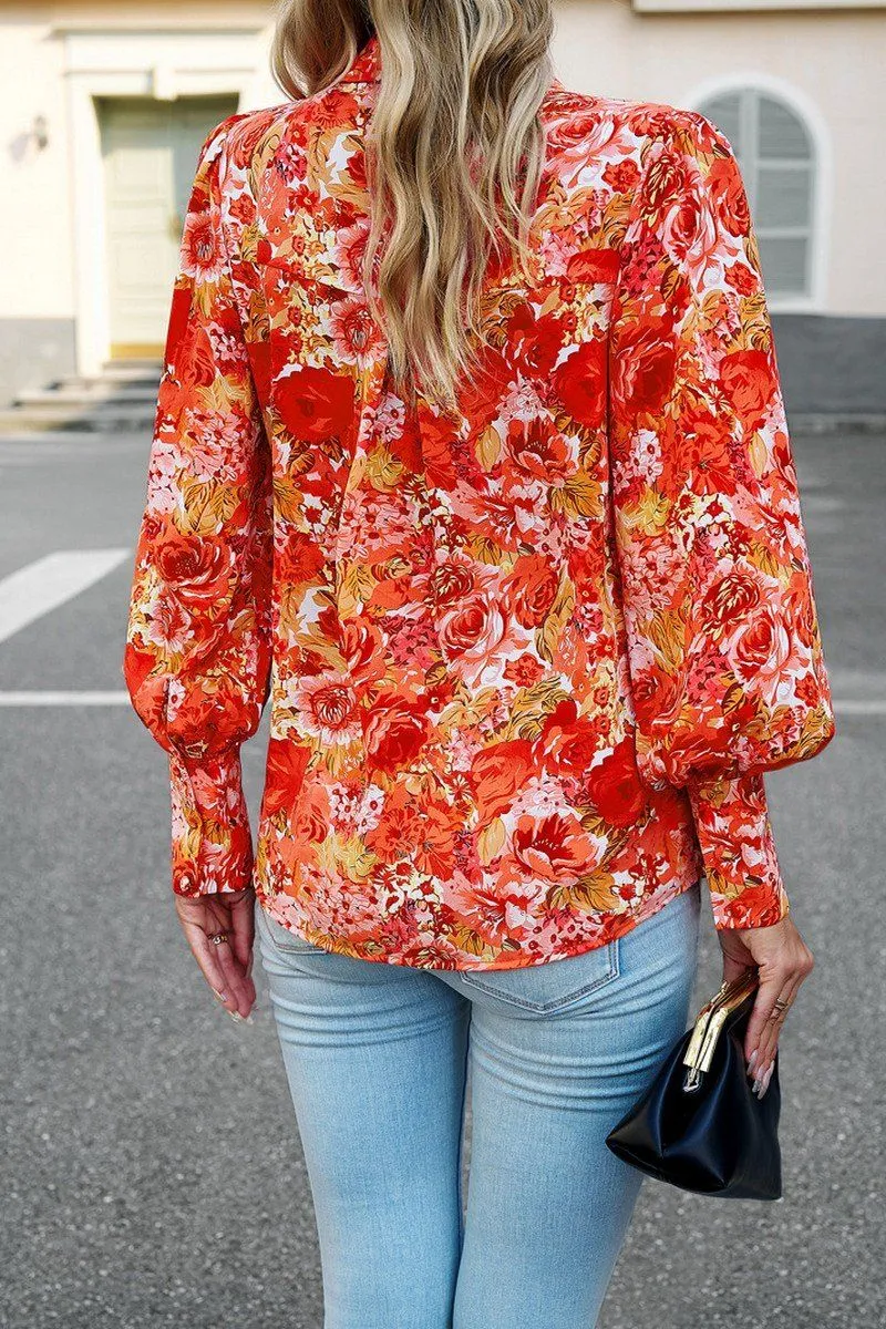 FLORAL PRINTING BUTTON UP FITTED CUFF BLOUSE Long Sleeve Polo