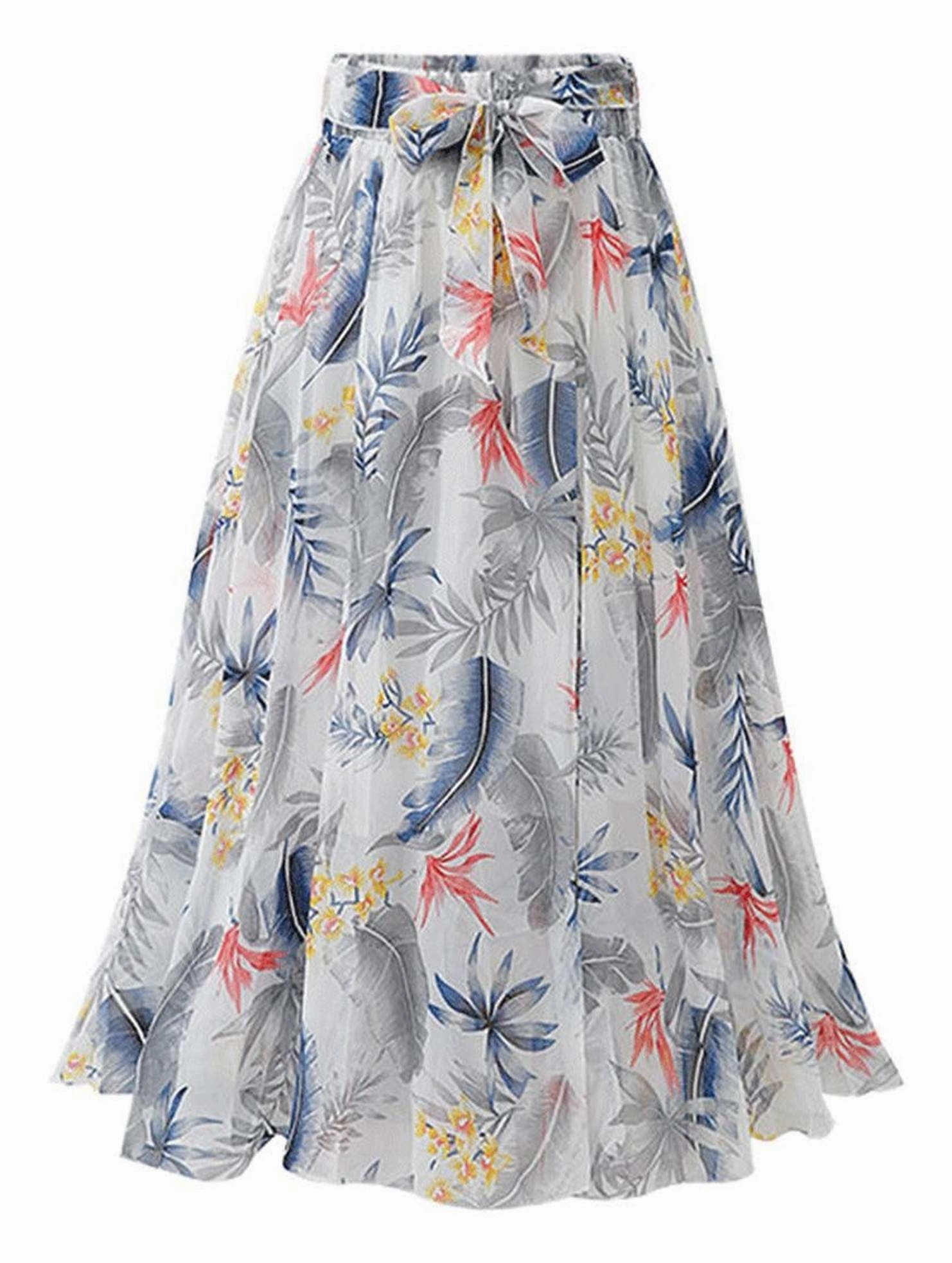 FLORAL PATTERN WAIST TIE CHIFFON MIDI SKIRTS Lightweight Flex