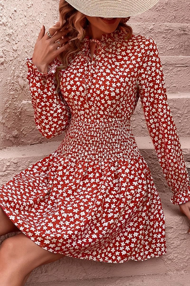FLORAL SLEEVE SLIM WAIST DRESS Work Look Edge Shape