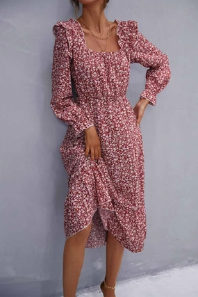 Feminine fit-and-flare silhouette FLORAL SQUARE NECK FRILL SHOULDER DRESS