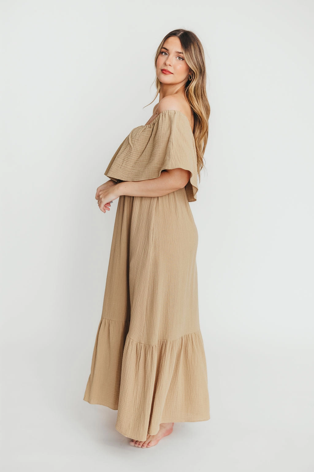 Josie 100% Cotton Maxi Dress in Khaki Ribbed-Texture Chic and Flattering