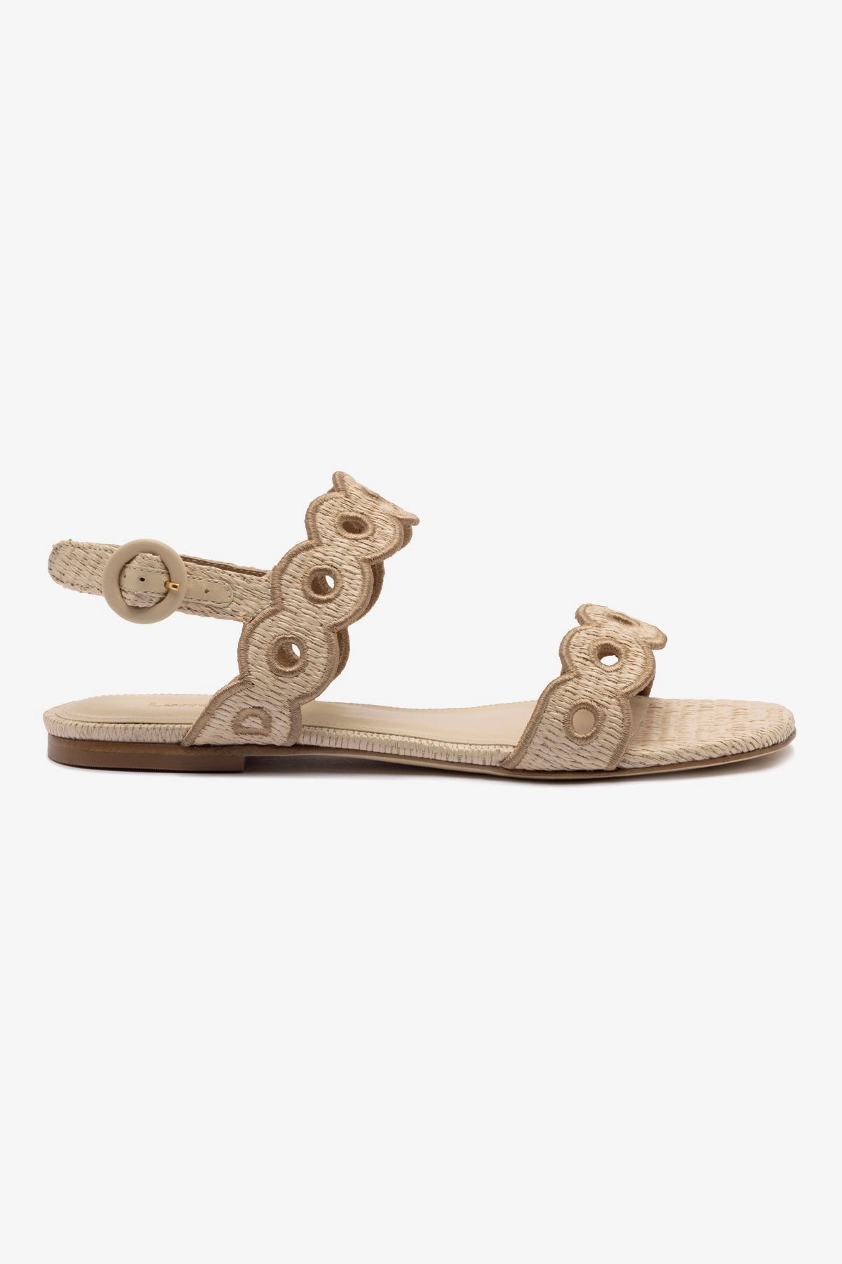 Dynamic Edge Florence Broderie Flat Sandal In Natural Raffia and Hazelnut Trimming