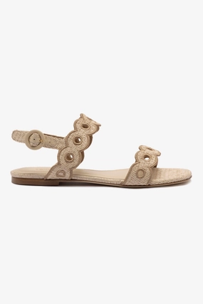 Florence Broderie Flat Sandal In Natural Raffia and Hazelnut Trimming Star Mood