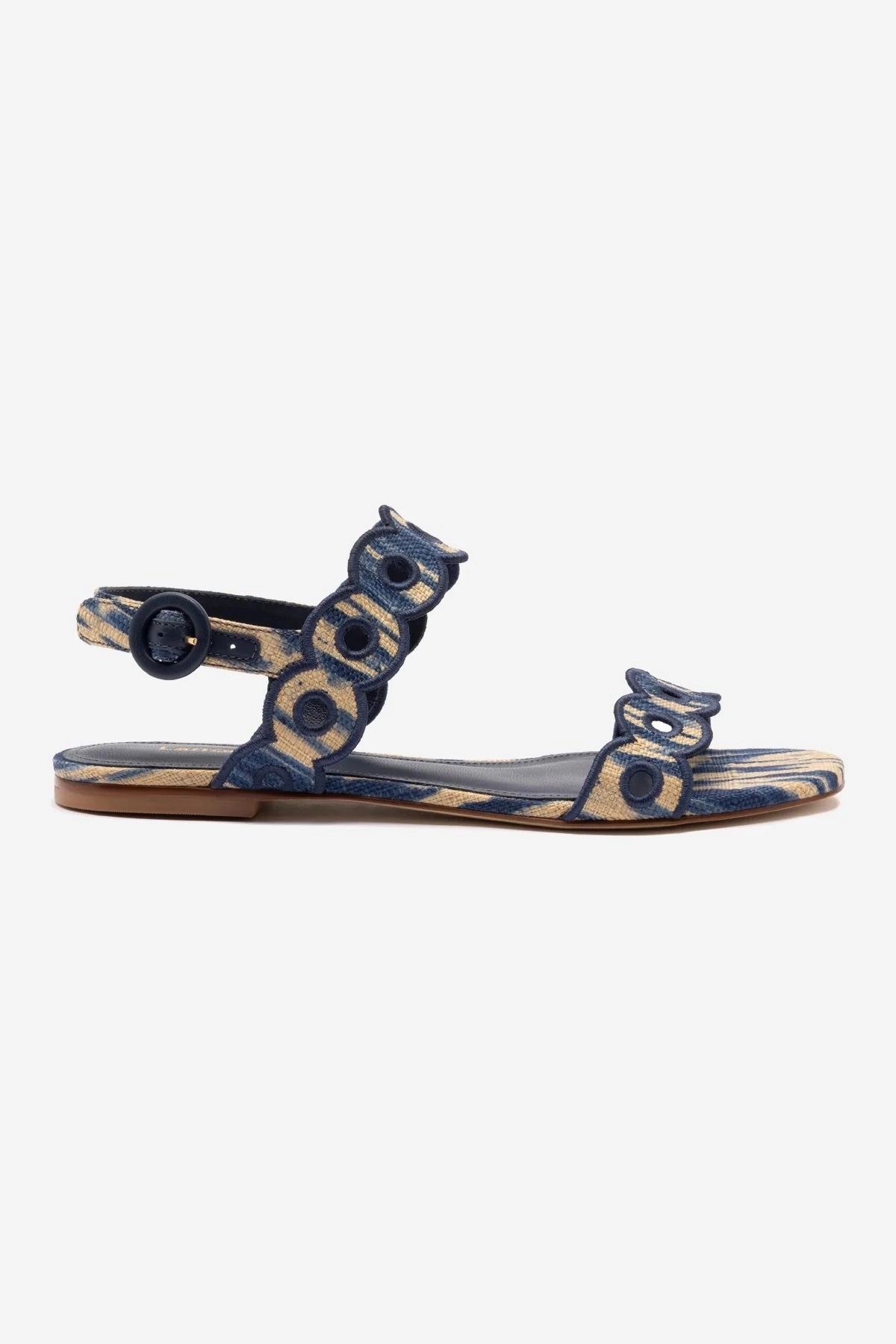 Florence Broderie Flat Sandal In Tie Dye Beige and Navy Raffia All Terrain Health Focused