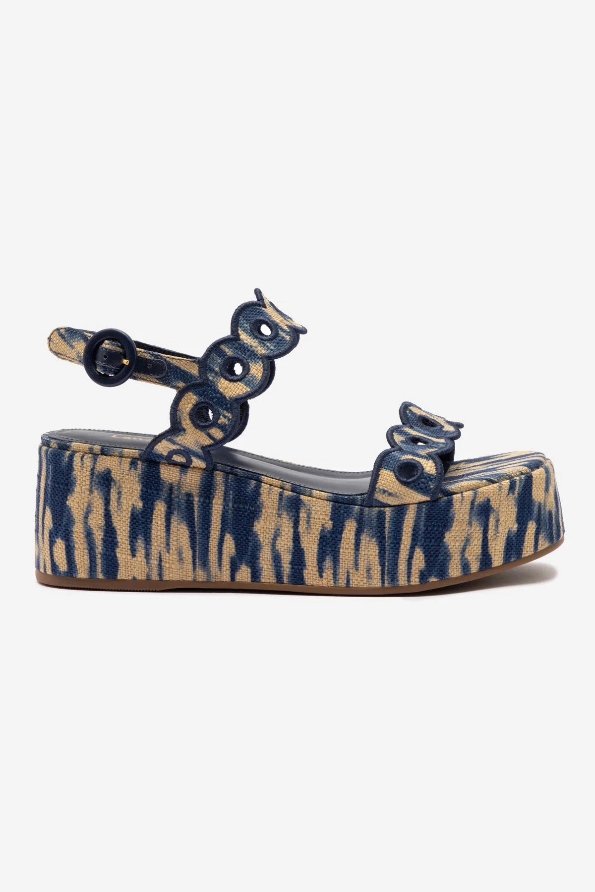 Dynamic Flex Grooves Florence Broderie Flatform Sandal In Tie Dye Beige and Navy Raffia