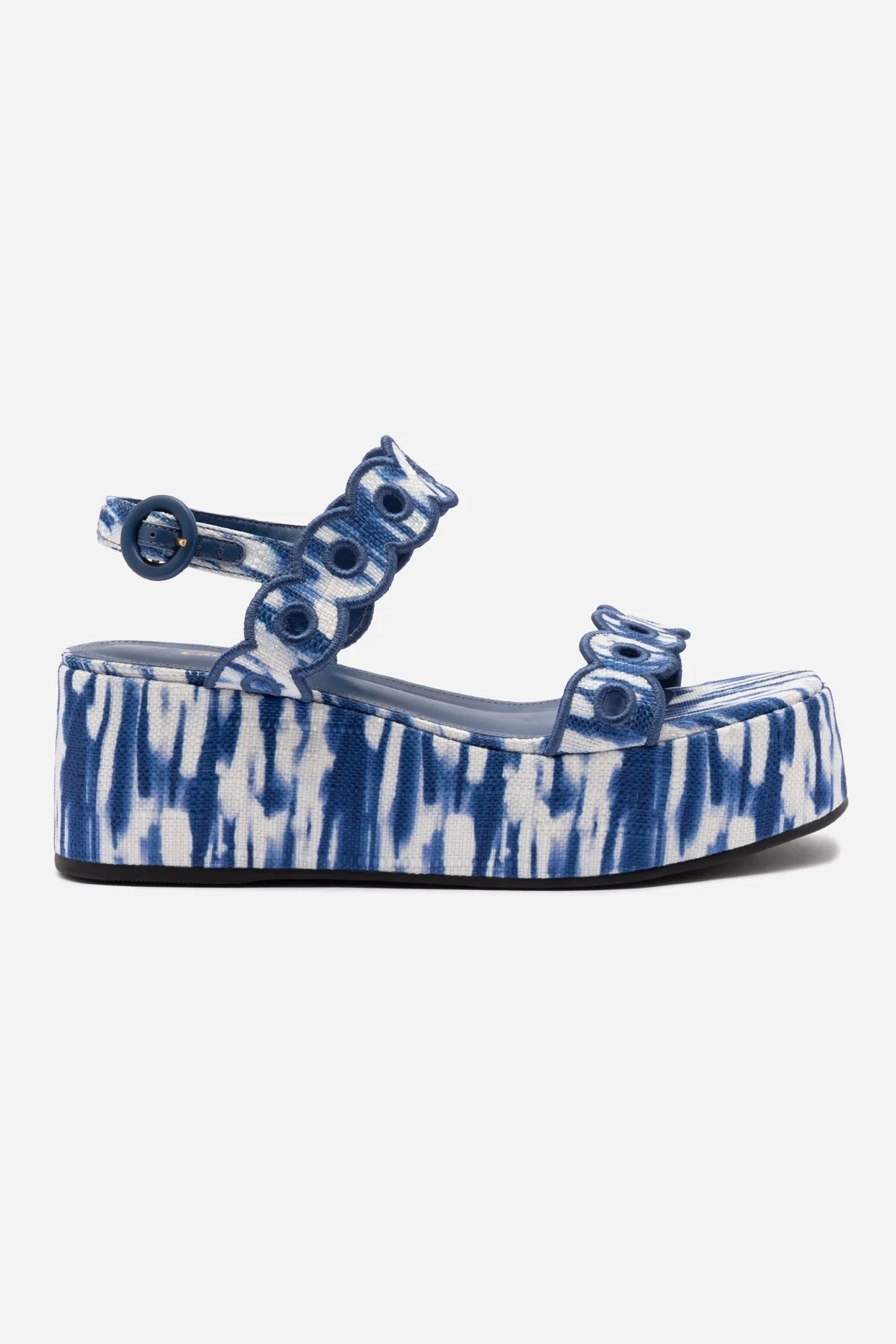 Florence Broderie Flatform Sandal In Tie Dye Blue Raffia Flexible Sole