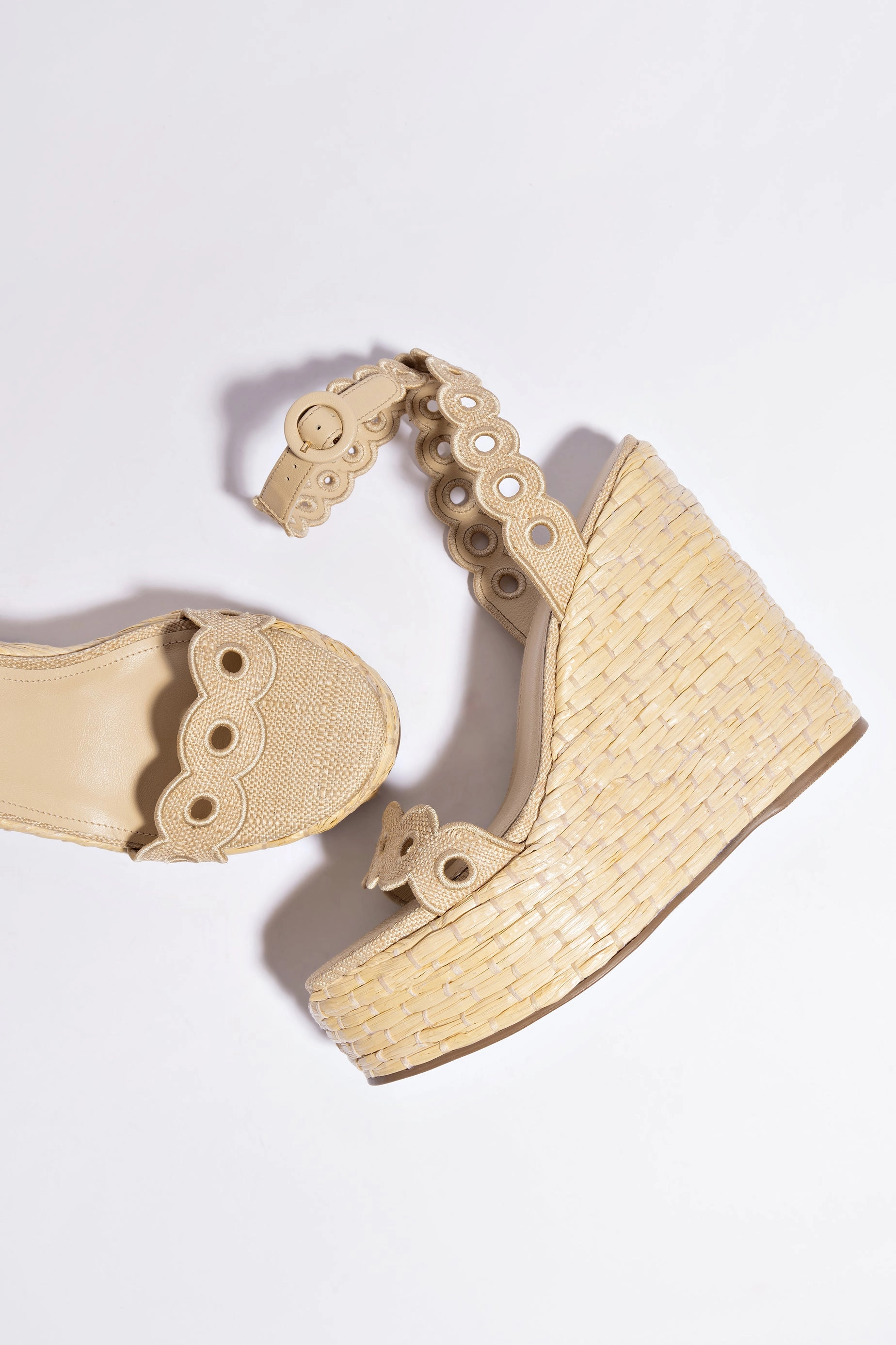 Wide Base Florence Broderie Wedge In Beige Raffia