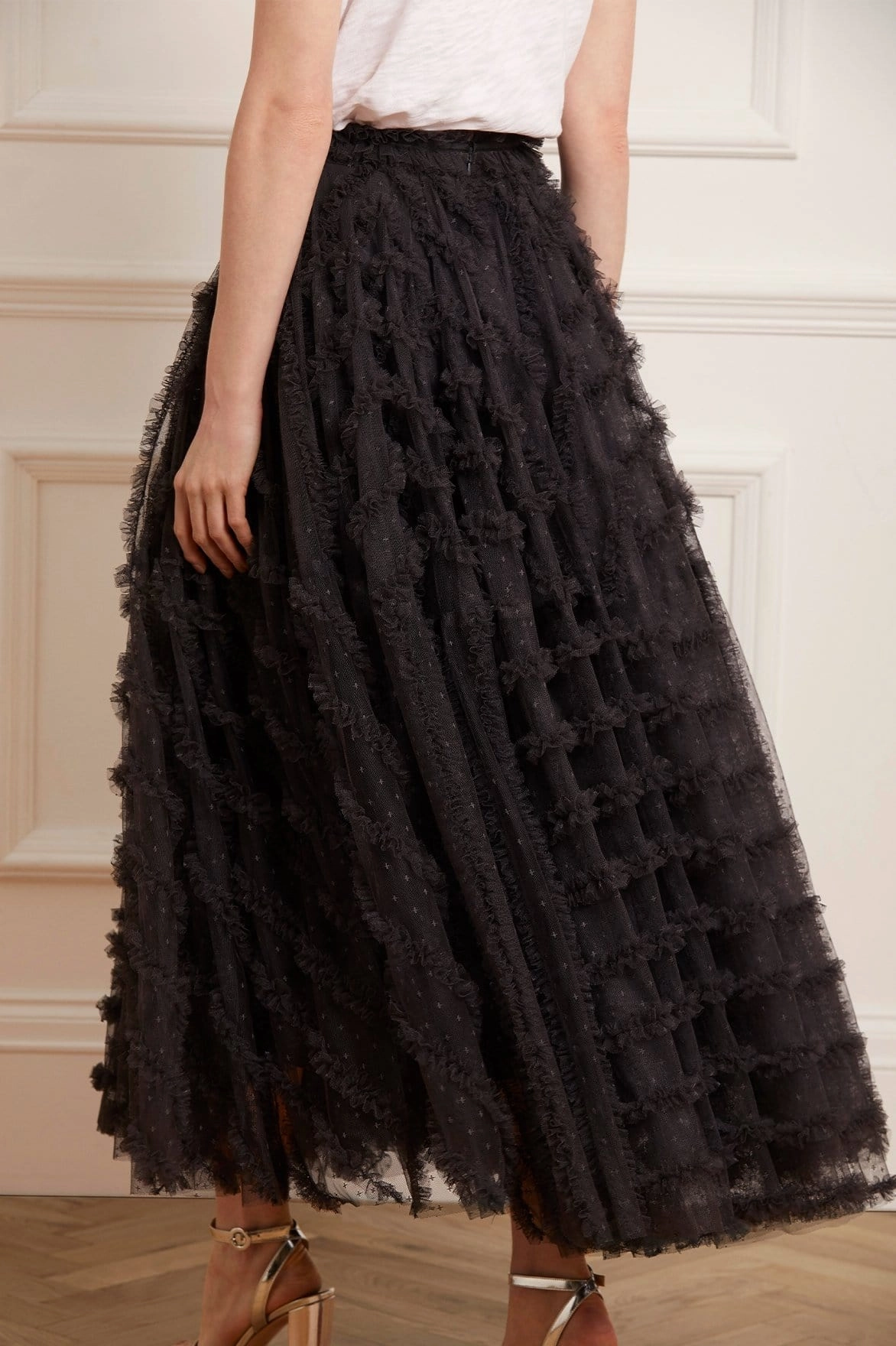 Florence Ruffle Ankle Skirt Crisscross Back Laser Cut Edges