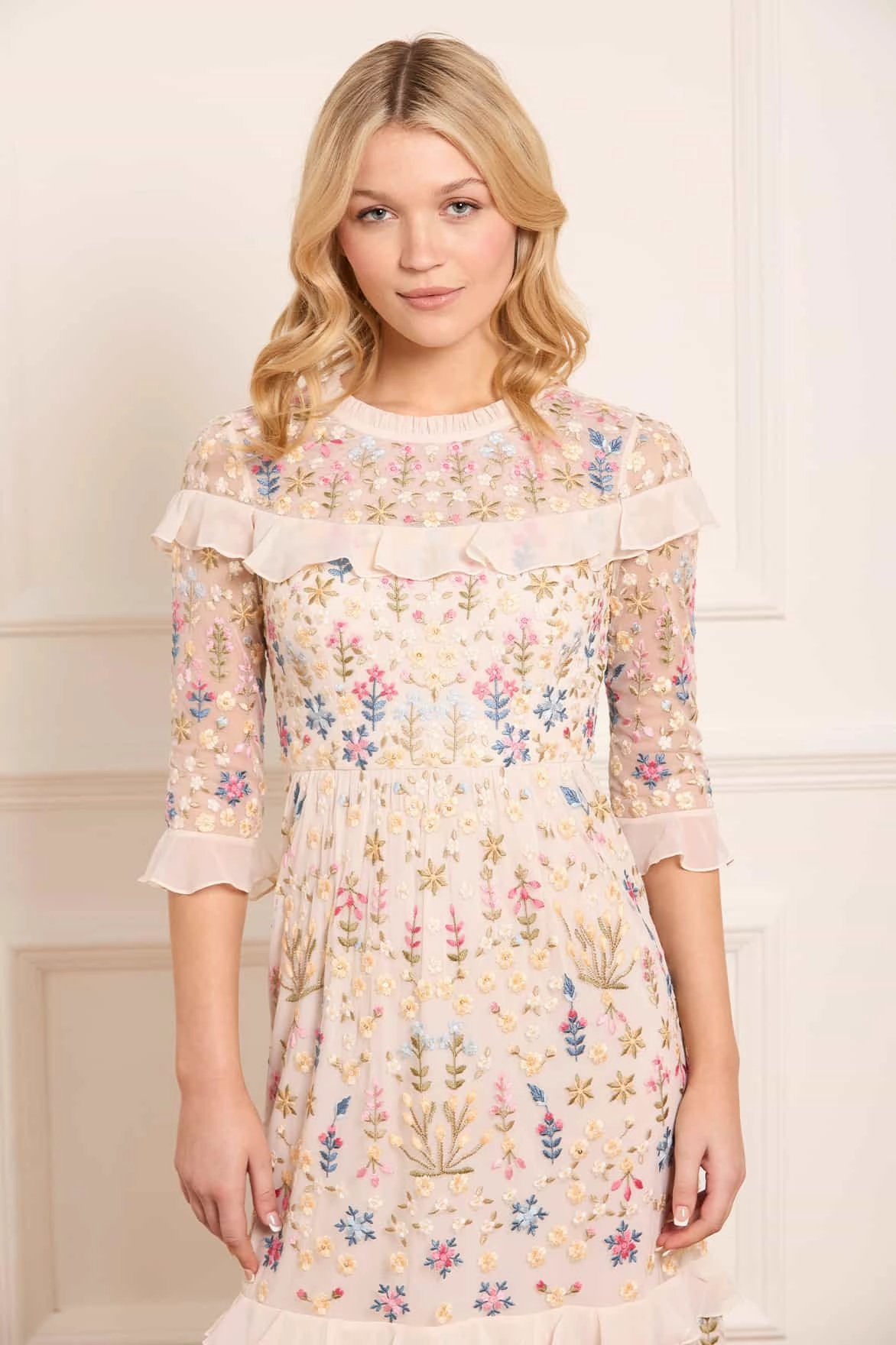 Flowerbed Embroidery Ankle Gown Fall Layer