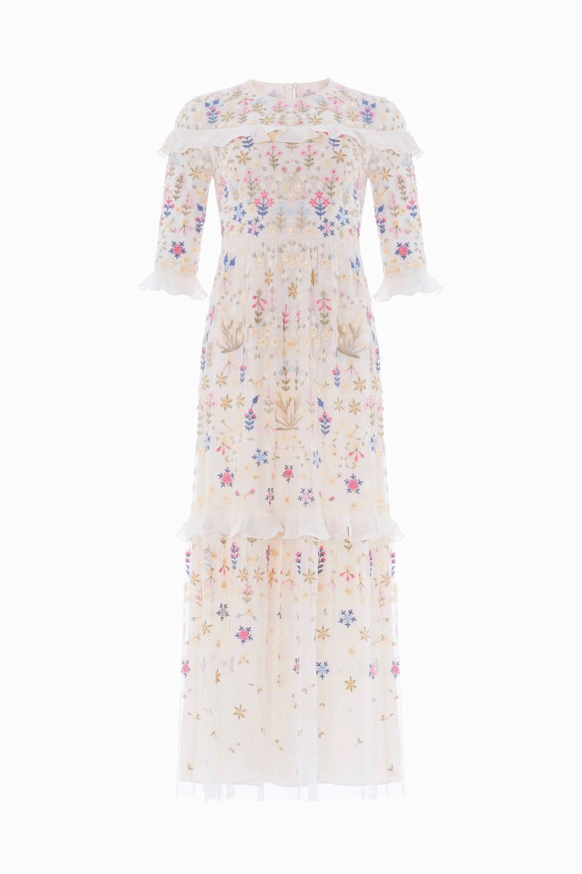 Flowerbed Embroidery Ankle Gown Subtle Drape