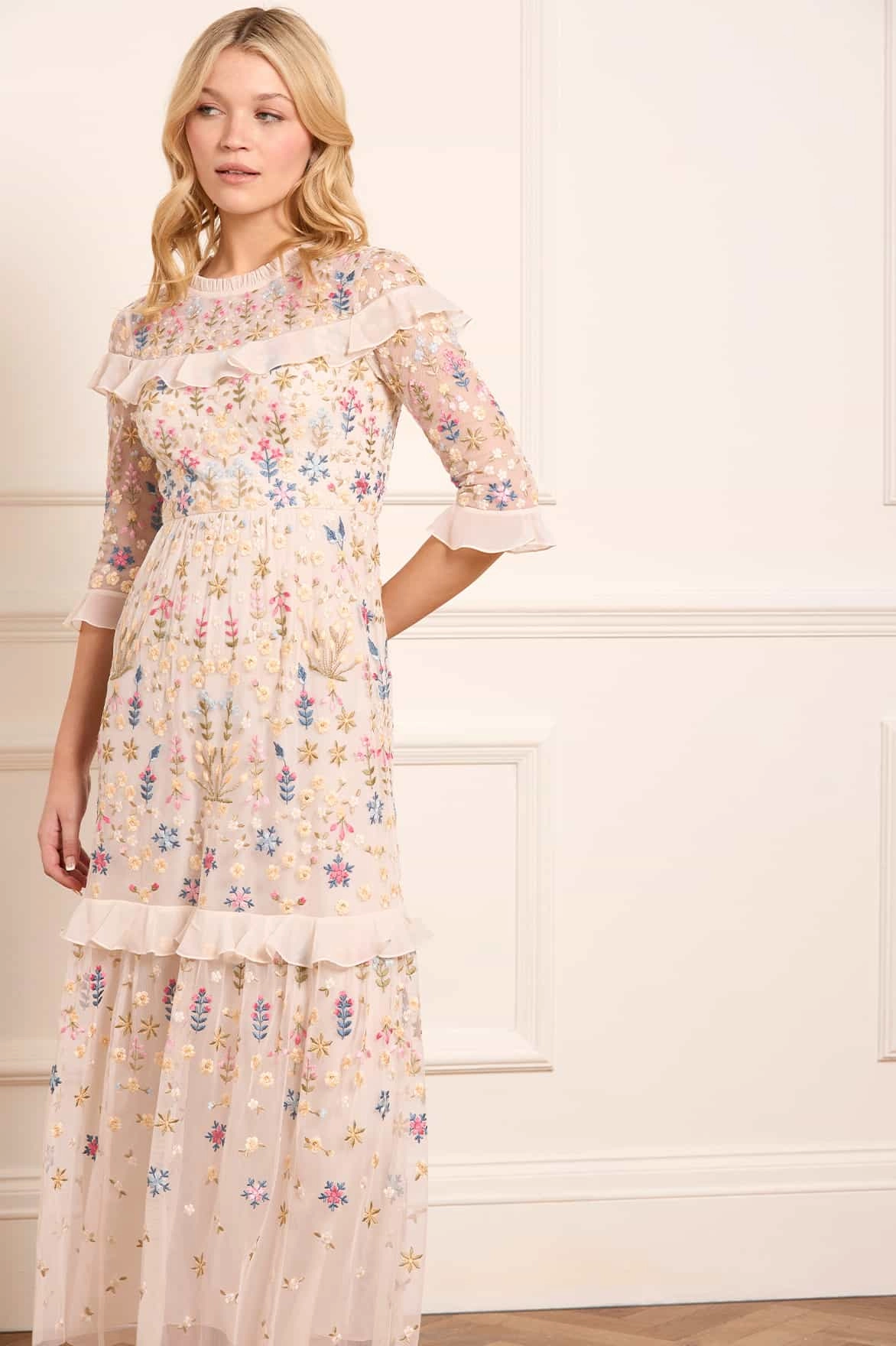Light Aesthetic Flowerbed Embroidery Ankle Gown