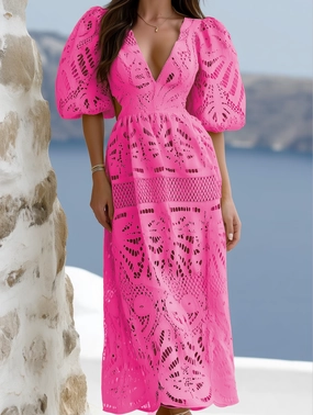 V Neck Cut Out Lace Embroidered Dress ??Elegant Women's Dress Fall Layer Soft Fashion