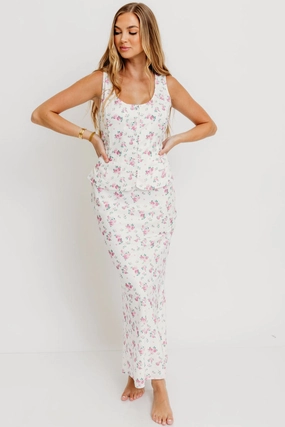 Mini length Melrose Floral Button-Up Top and Maxi Skirt Set in Off White *Final-Sale*