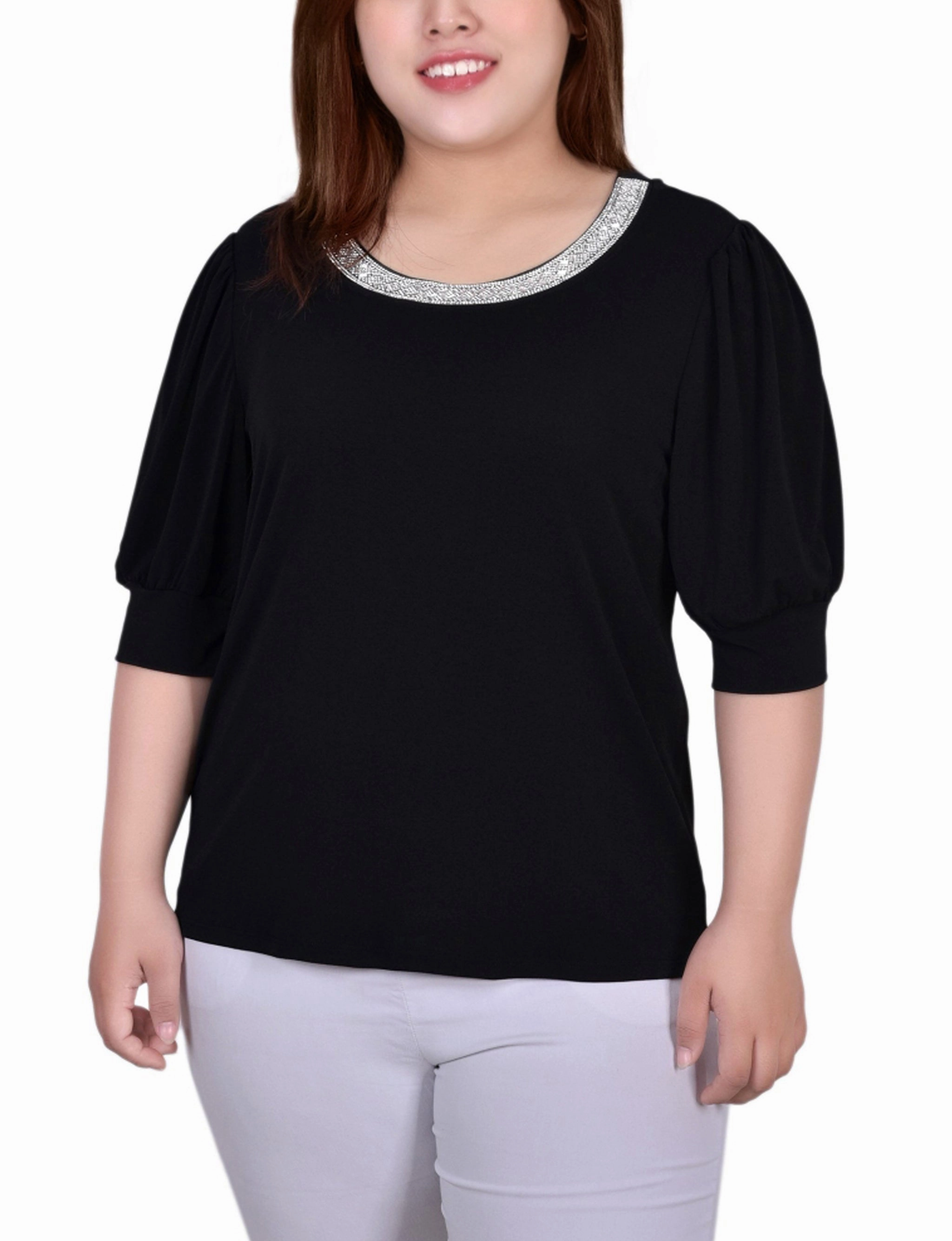 Roll Up Sleeve System Plus Size Short Beaded Puff Sleeve Top