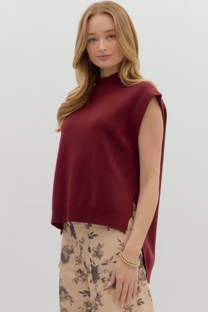 Reinforced Hem Cleo Sleeveless Mock Neck Sweater in Burgandy