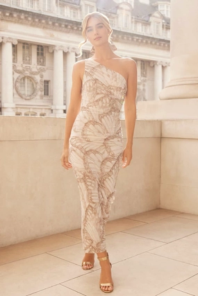 Flutter Draped One-Shoulder Ankle Gown Bare Arm