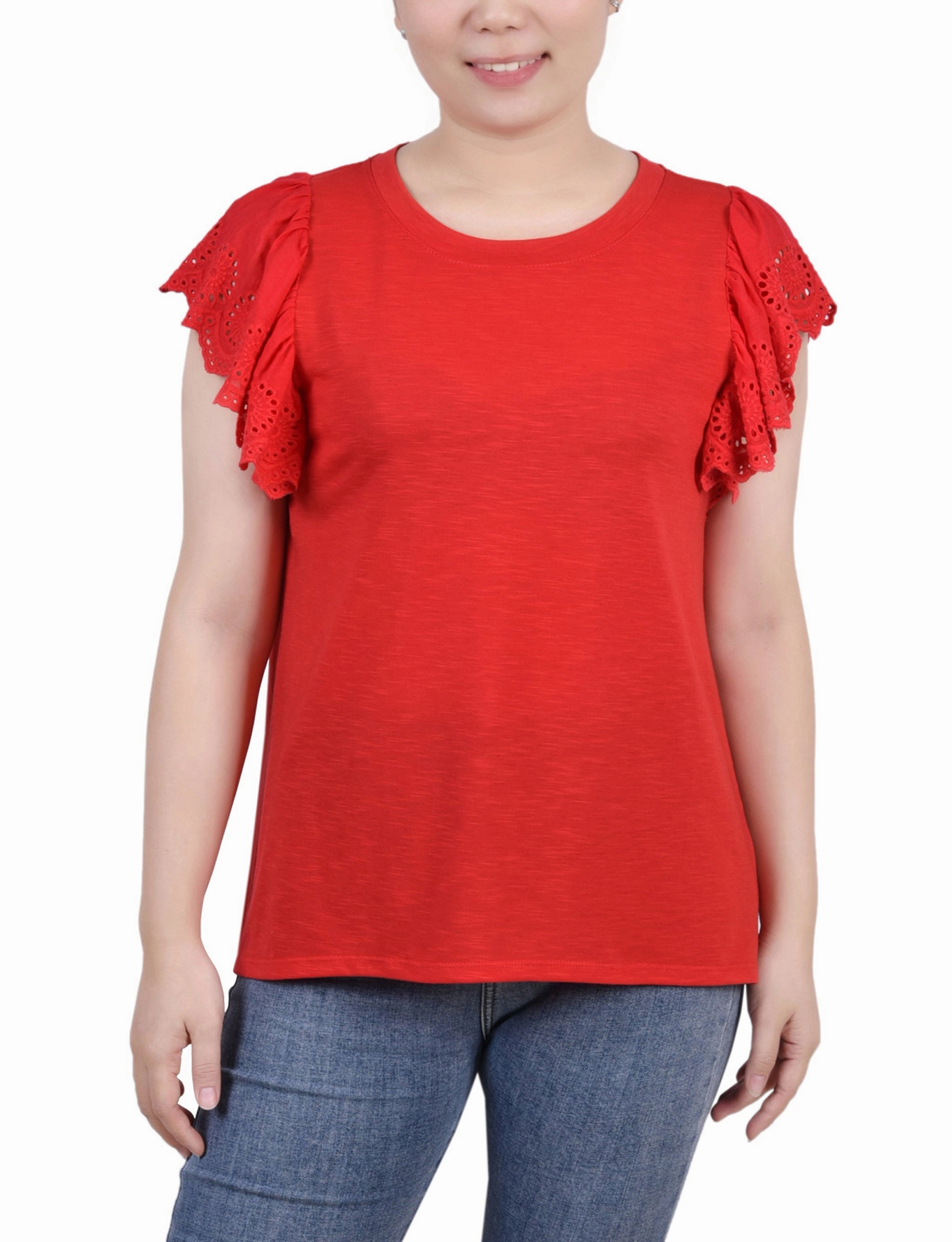 Resilient Fabric Blend Flutter Sleeve Slub Knit Top