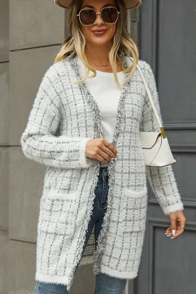 DISTRESSED PLAID PATTERN CARDIGAN FOR WOMEN FlatlockStitching