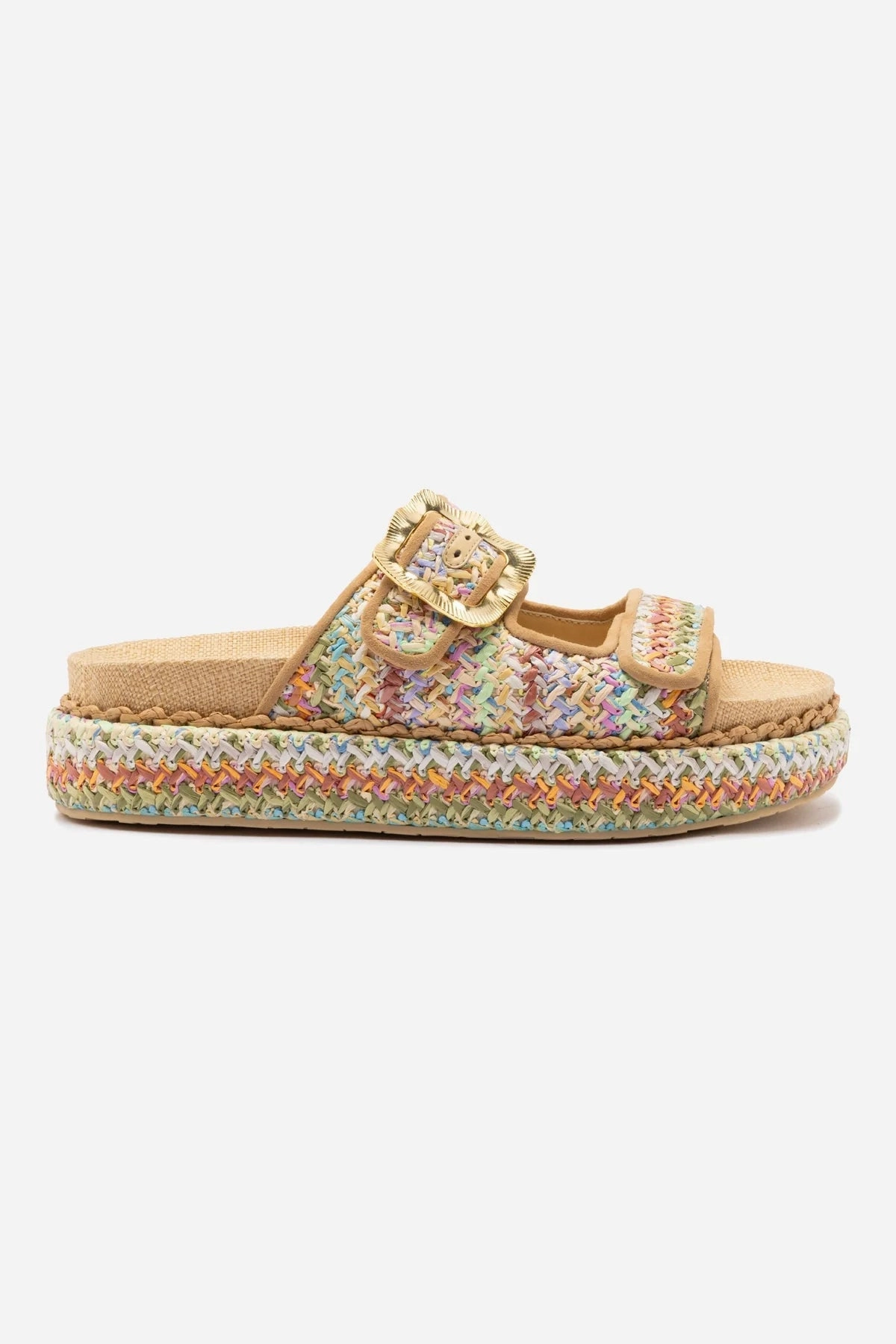 Silk Feel Maui Slide In Tapestry Rainbow Raffia and Beige Trimming