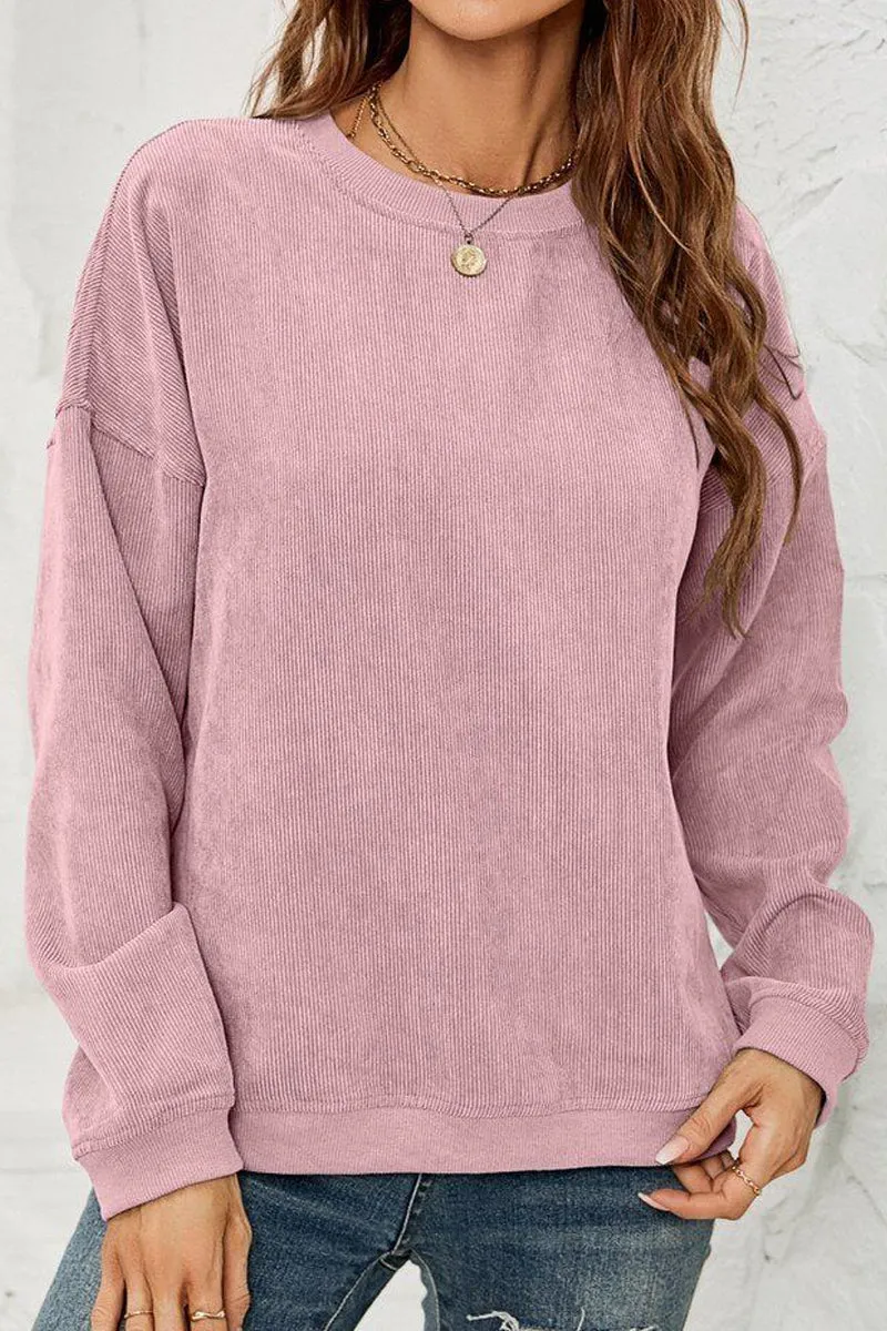 Circular Knit Technique Ultra Soft Handfeel WOMEN CORDUROY ROUND NECK PULLOVER SWEATER