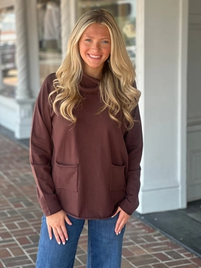 French Dressing Cowl Neck Sweater in Brown Ribbed Trims DoubleLayeredShoulders